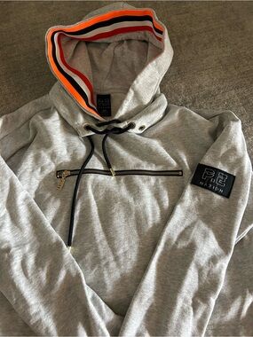 P.E Nation Light Grey Hoodie with Black Logo Patch and Gold Zip- ACCEPTING OFFER